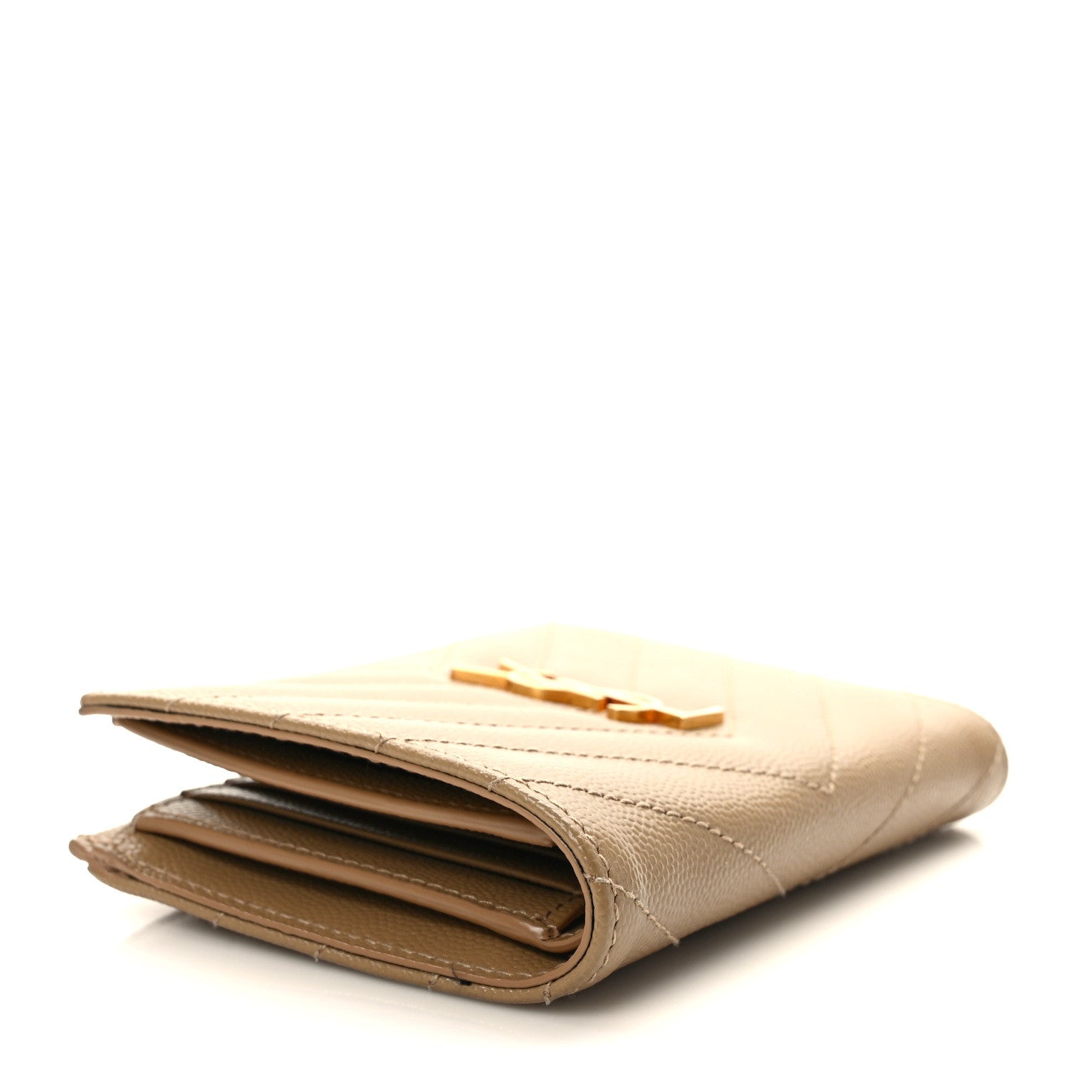 Saint Laurent Grain De Poudre Matelasse Chevron Cassandre Fragments Zipperred Bi-Fold Wallet Dark Beige 4 of 7