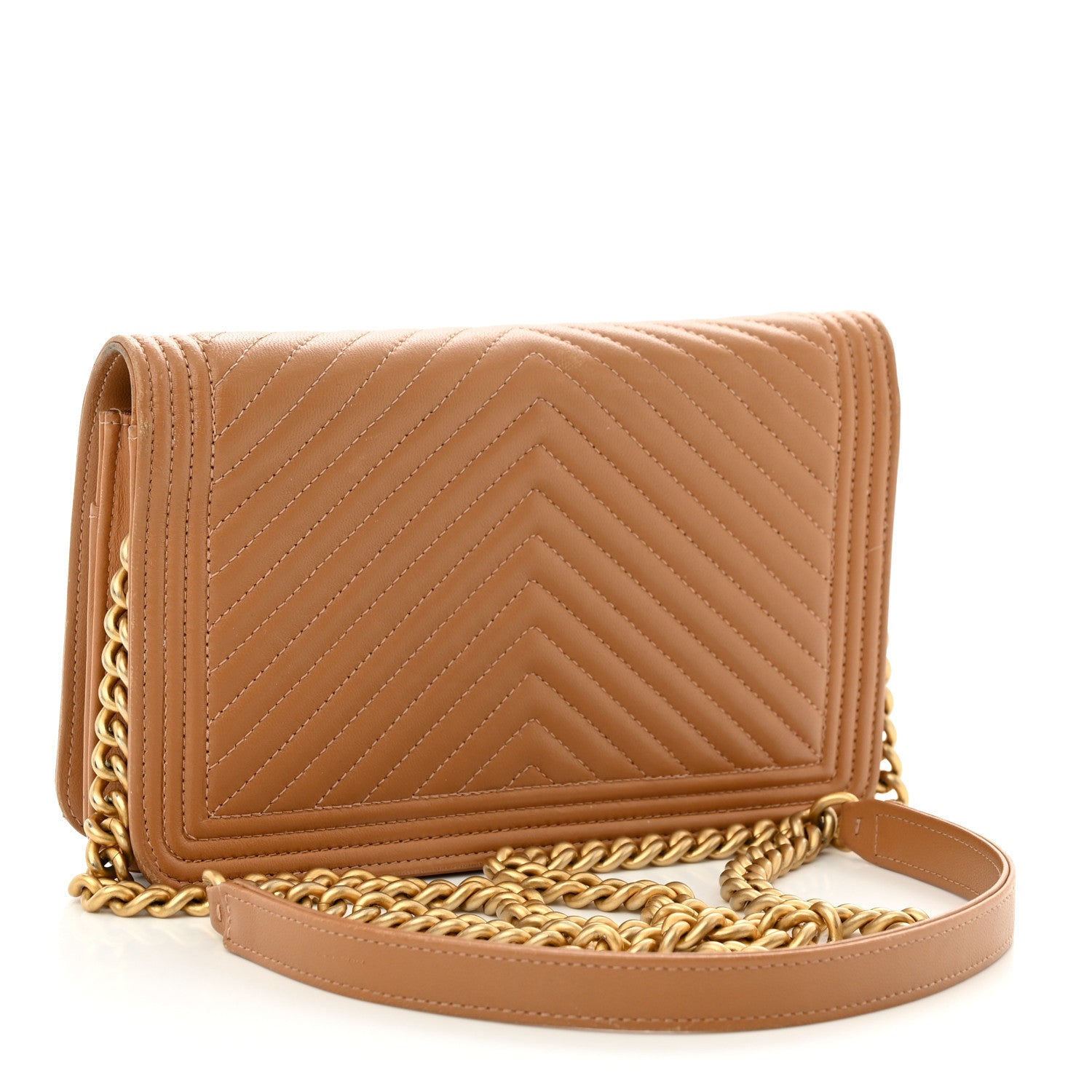 Chanel Lambskin Chevron Quilted Boy Wallet On Chain WOC Brown 3 of 12