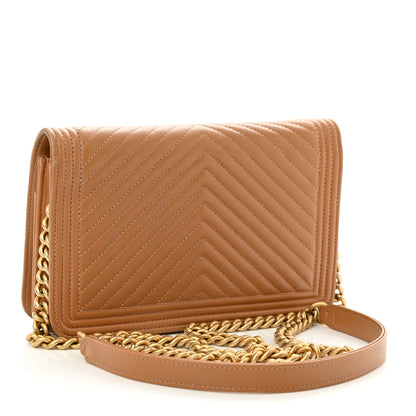 Chanel Lambskin Chevron Quilted Boy Wallet On Chain WOC Brown 3 of 12