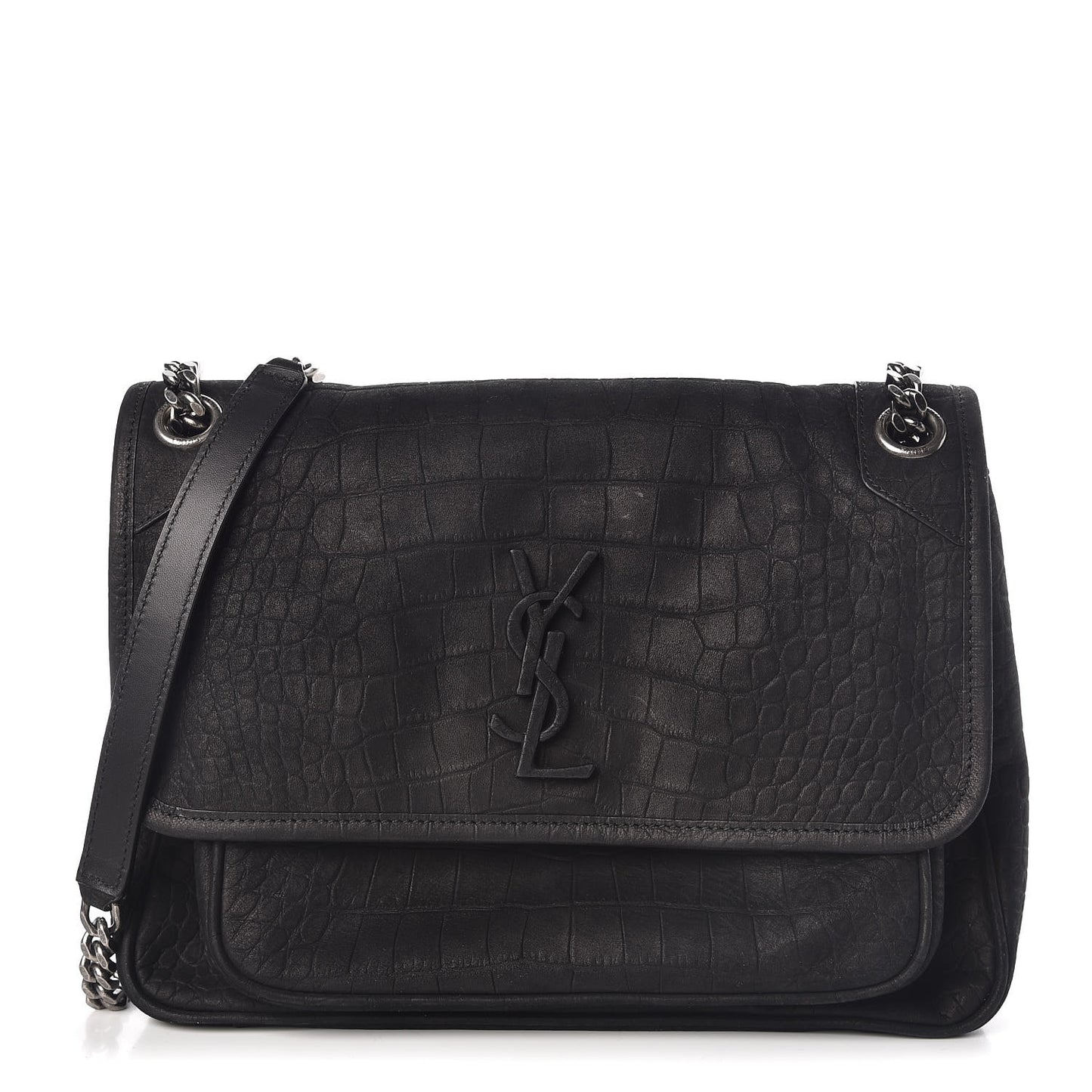 Nubuck Crocodile Embossed Monogram Medium Niki Chain Satchel Black