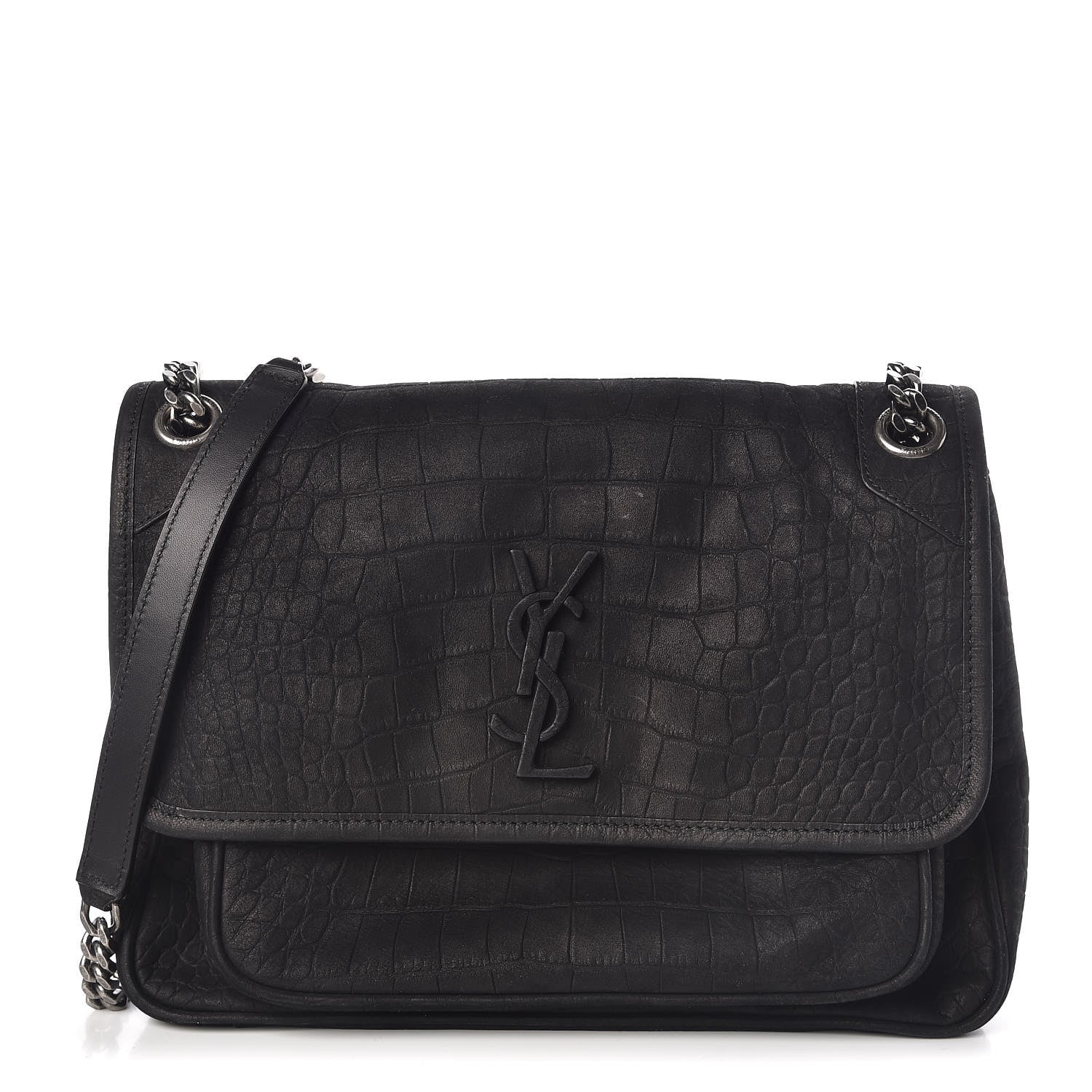 Saint Laurent Nubuck Crocodile Embossed Monogram Medium Niki Chain Satchel Black 1 of 9