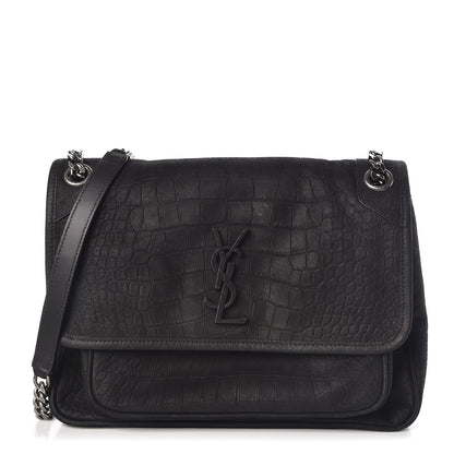 Saint Laurent Nubuck Crocodile Embossed Monogram Medium Niki Chain Satchel Black 1 of 9