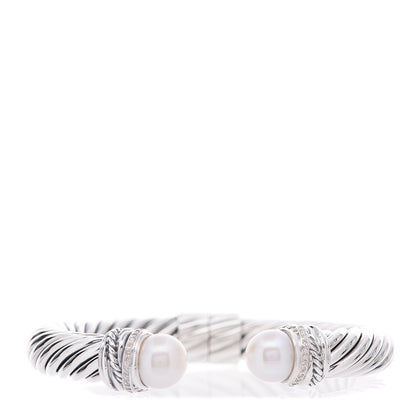 David Yurman Sterling Silver Diamond Pearl 10mm Crossover Hinge Bracelet 1 of 6