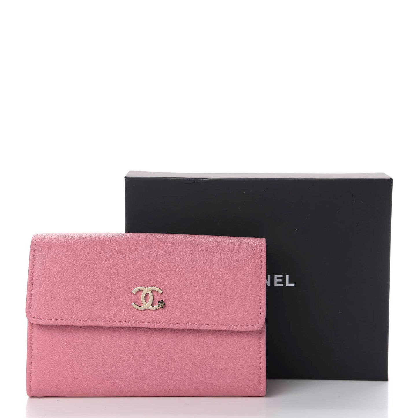 Goatskin Camellia CC Flap Card Holder Pink Black