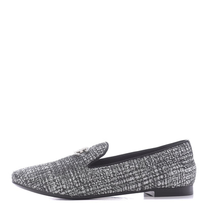 Chanel Fantasy Fabric Grosgrain CC Mocassin Loafers 37 White Black 1 of 11