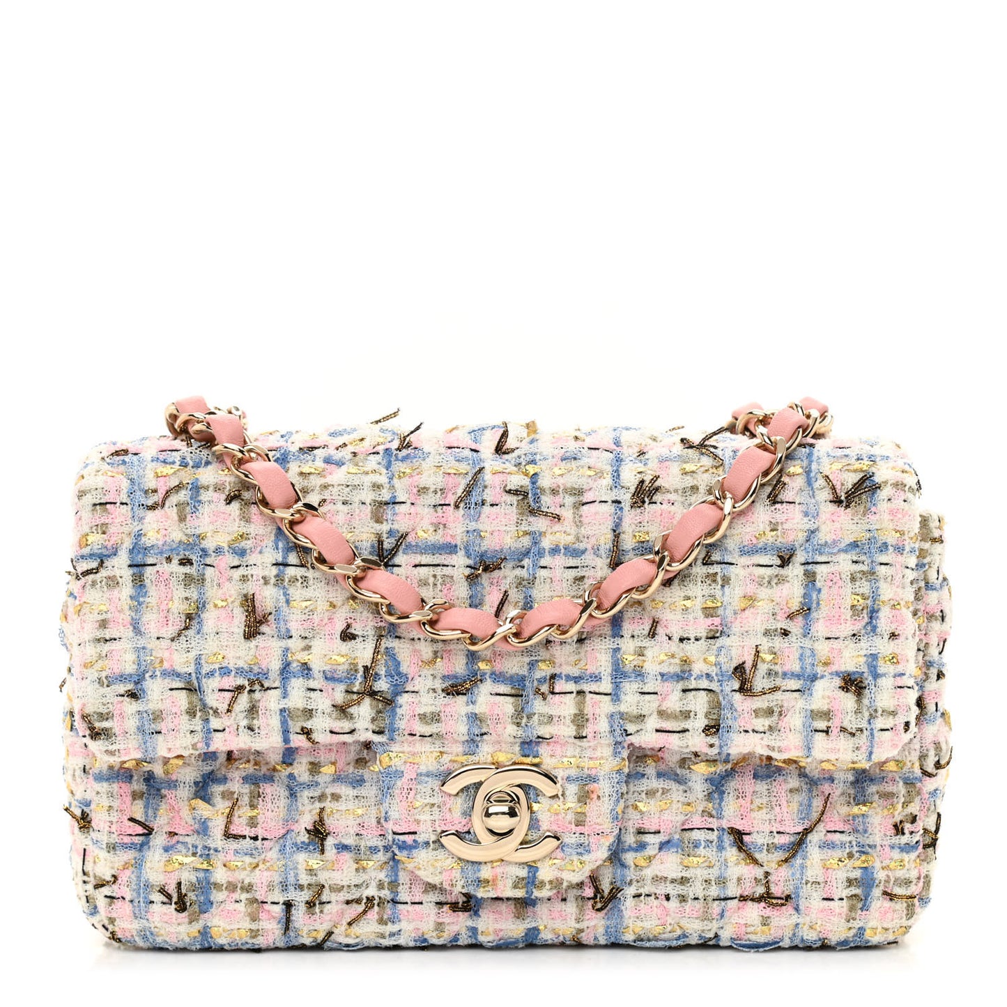 Tweed Quilted Mini Rectangular Flap Light Blue Pink Gold White