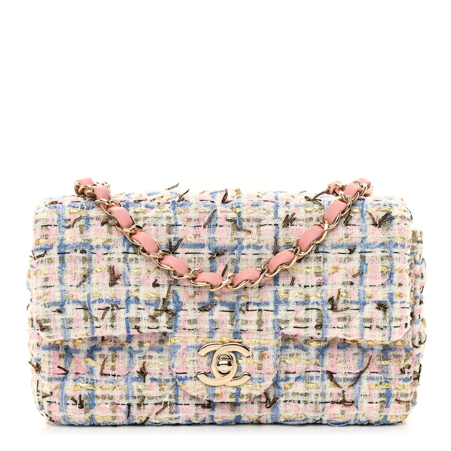 Chanel Tweed Quilted Mini Rectangular Flap Light Blue Pink Gold White 1 of 12