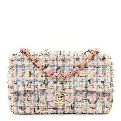 Chanel Tweed Quilted Mini Rectangular Flap Light Blue Pink Gold White 1 of 12