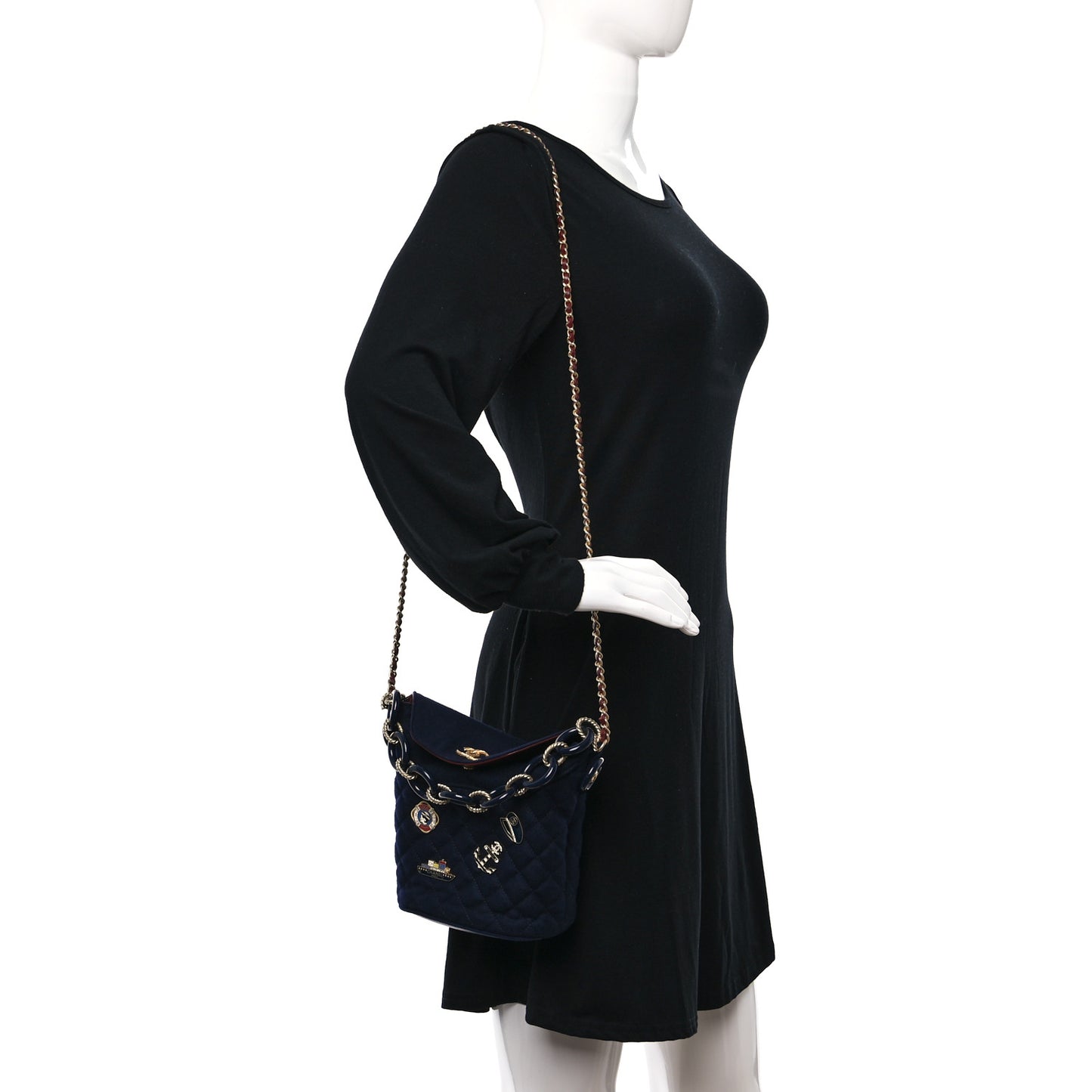 Wool Lambskin Quilted Paris Hamburg Charms Bucket Bag Dark Navy