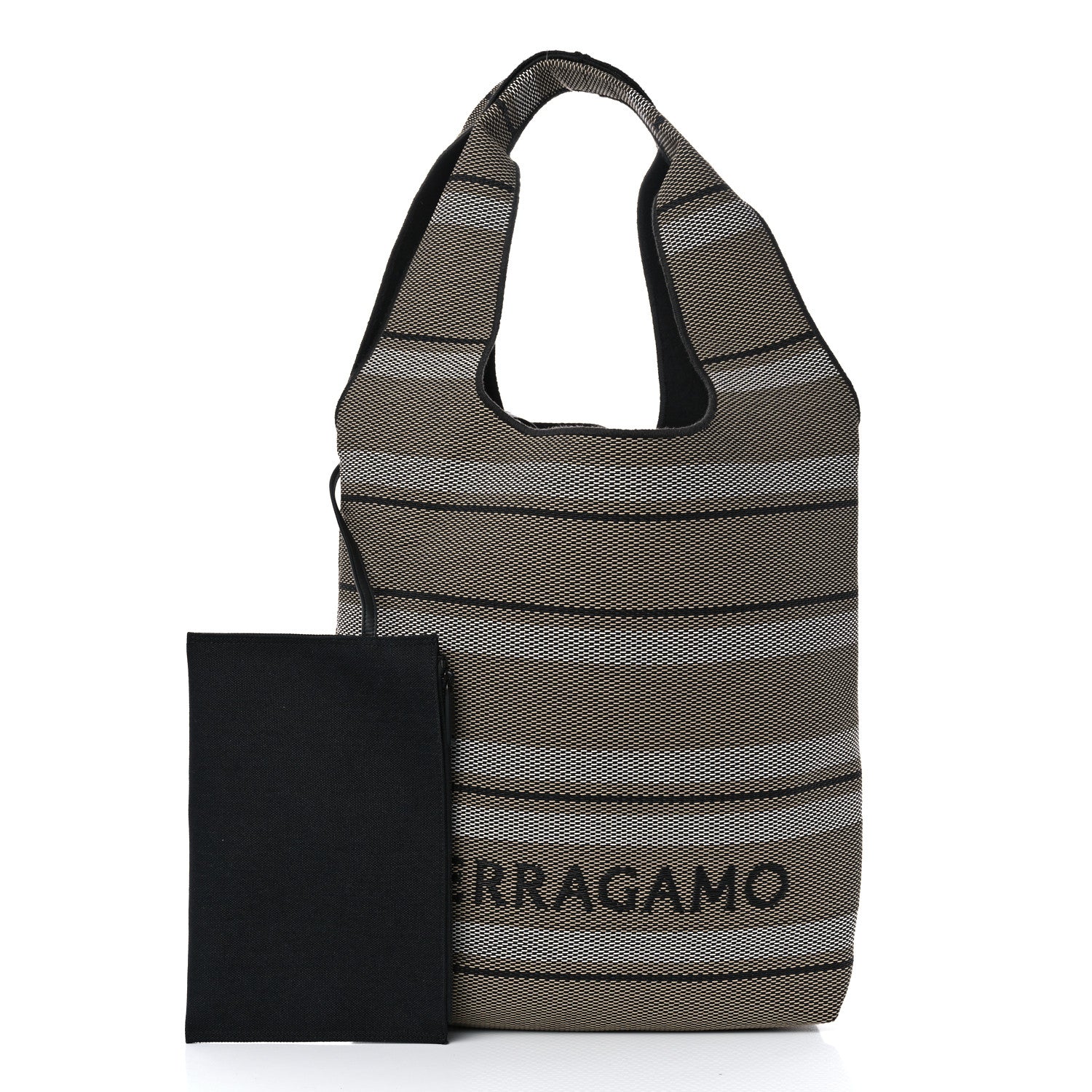 Salvatore Ferragamo Raffia Striped Logo Tote Bag Beige Optic White Black 3 of 10