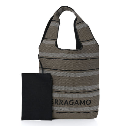 Salvatore Ferragamo Raffia Striped Logo Tote Bag Beige Optic White Black 3 of 10