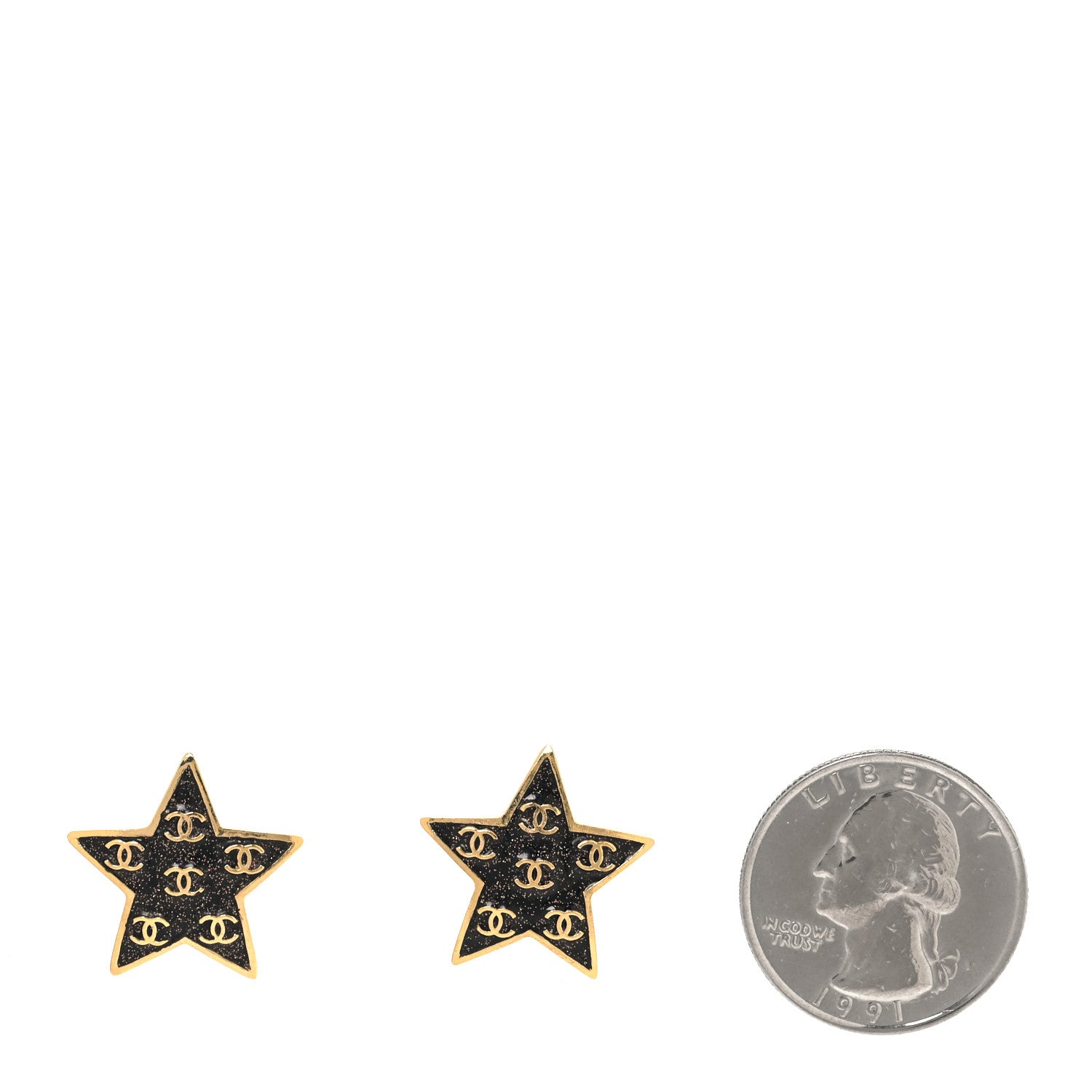 Chanel Metal Glitter Sparkle CC Star Earrings Gold Black 2 of 5