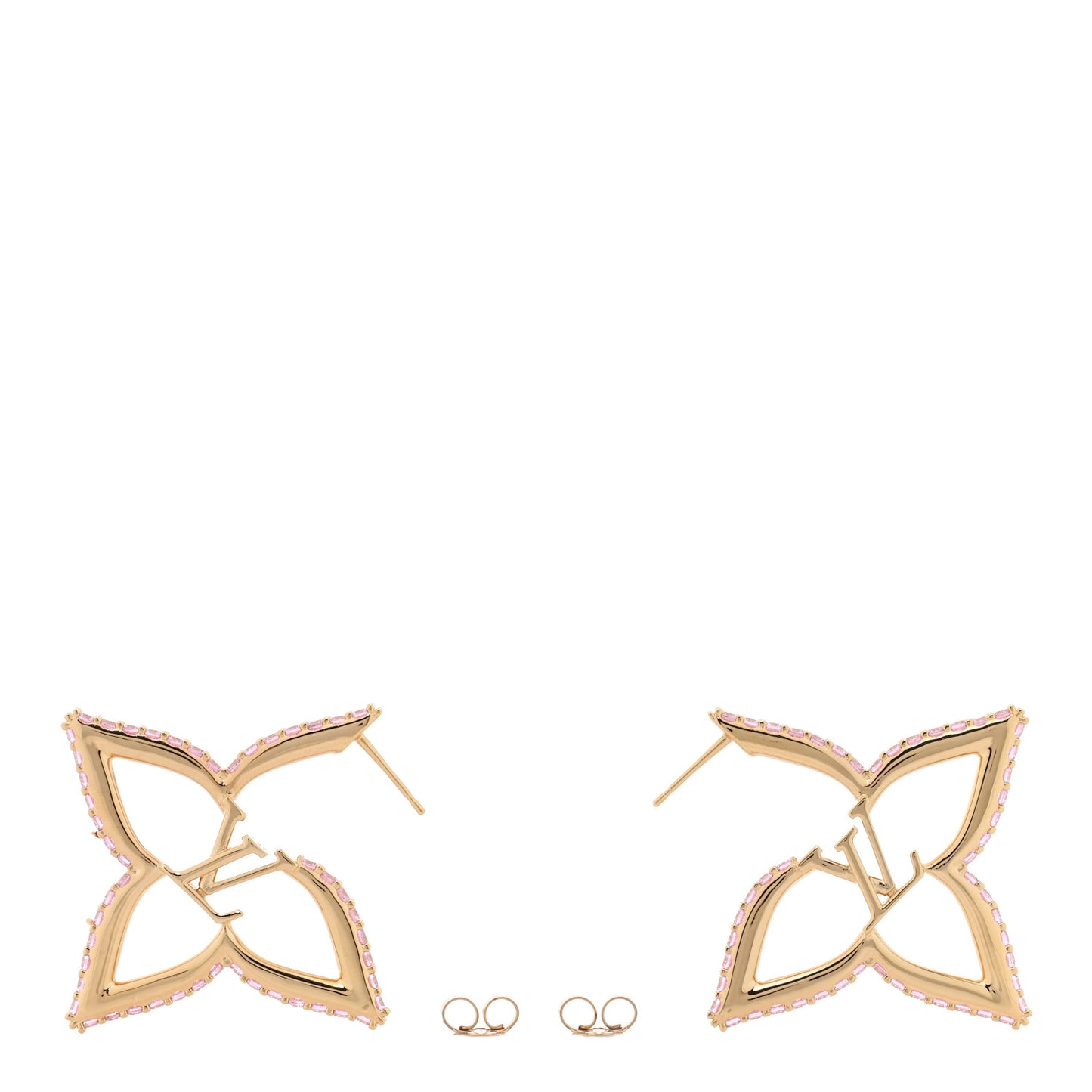 Metal Crystal LV Slim Flower Earrings Gold Pink