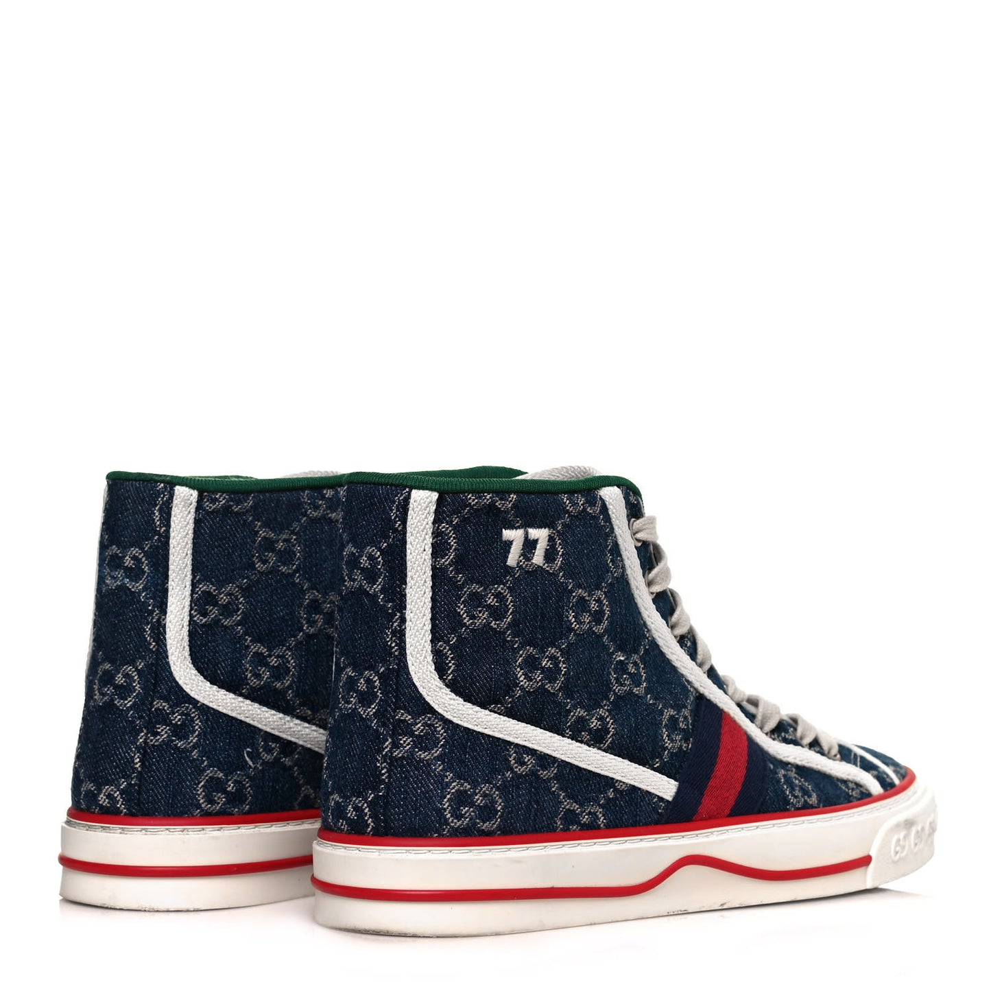 New Denim GG Monogram Web Womens 1977 Tennis High Top Sneakers 37.5 Blue Tea Mystic White