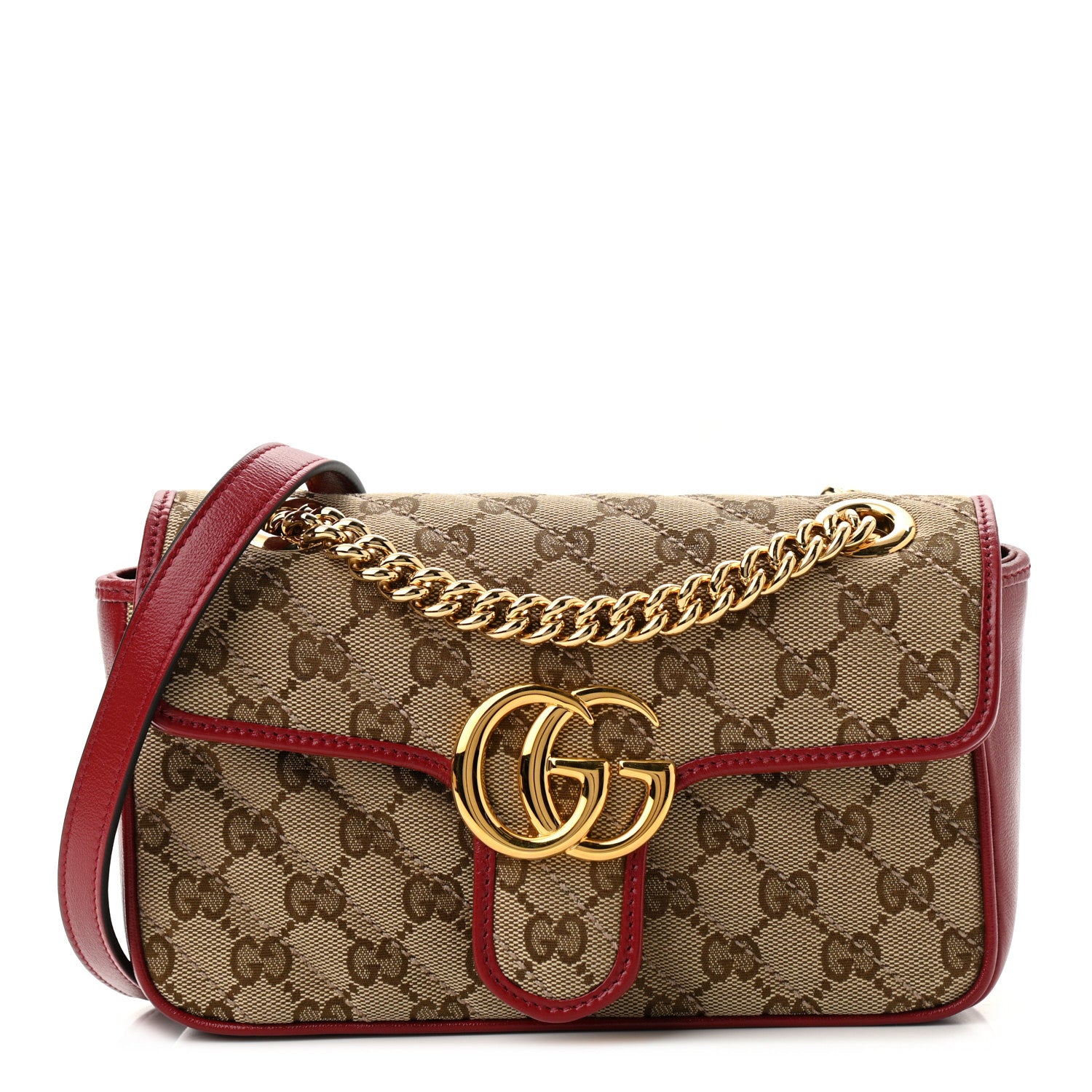 product image of GUCCI Monogram Matelasse Diagonal Small GG Marmont Shoulder Bag Beige Hibiscus Red FASHIONPHILE