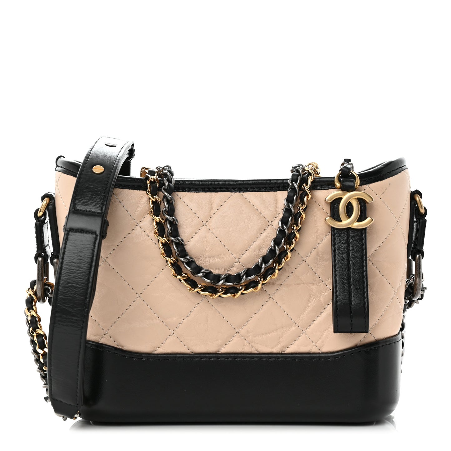 Aged Calfskin Quilted Small Gabrielle Hobo Beige Black