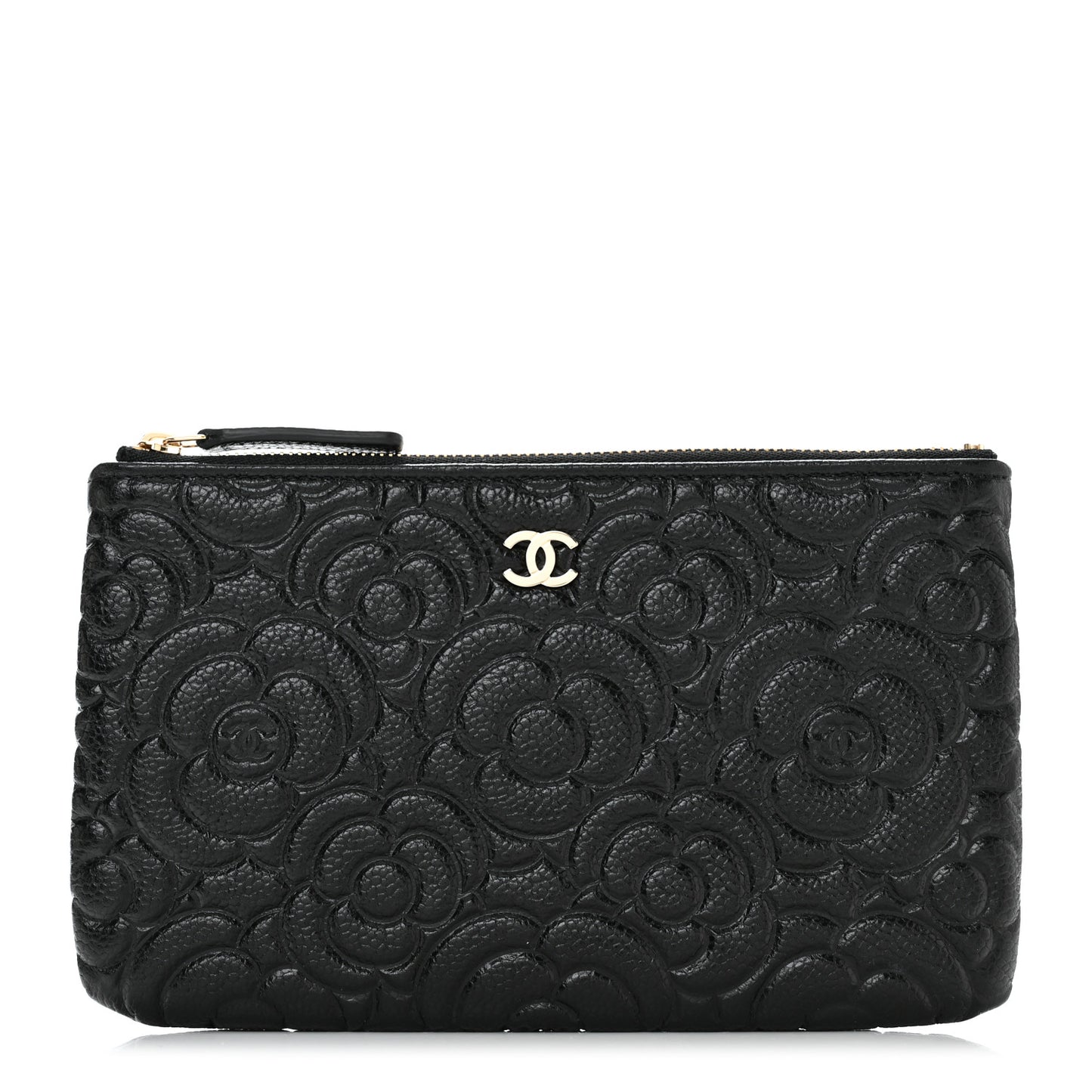Caviar Camellia Embossed Small Pouch Black