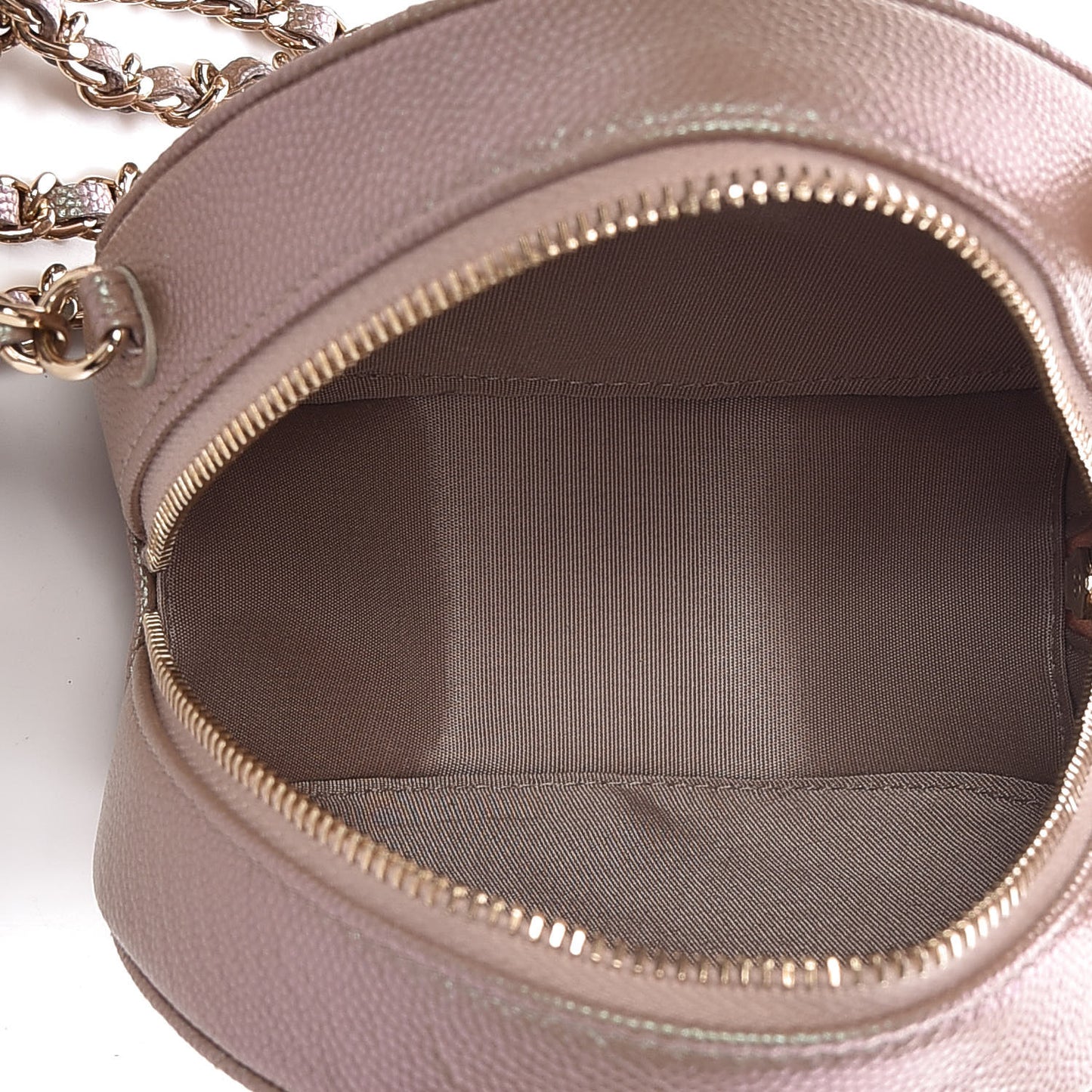 Iridescent Caviar Quilted Round Clutch With Chain Beige