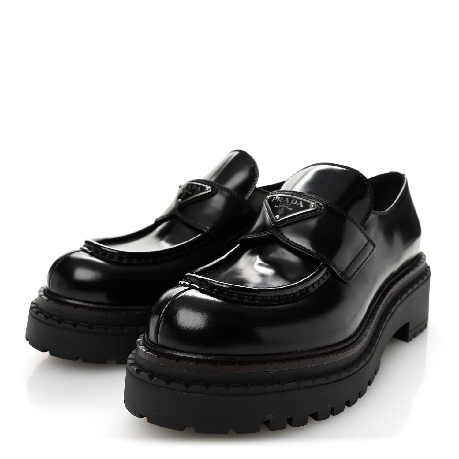 Prada Metal Triangle Logo Double Chocolate Loafers 38.5 Black 3 of 9