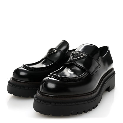 Prada Metal Triangle Logo Double Chocolate Loafers 38.5 Black 3 of 9