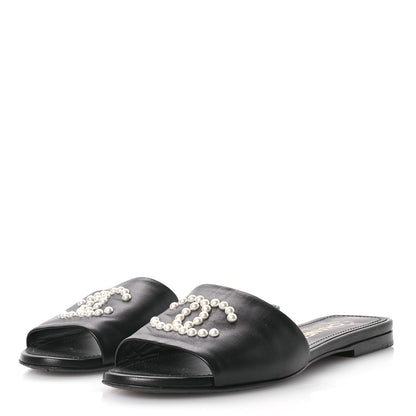 Chanel Lambskin Pearl CC Sandals 37 Black 4 of 9