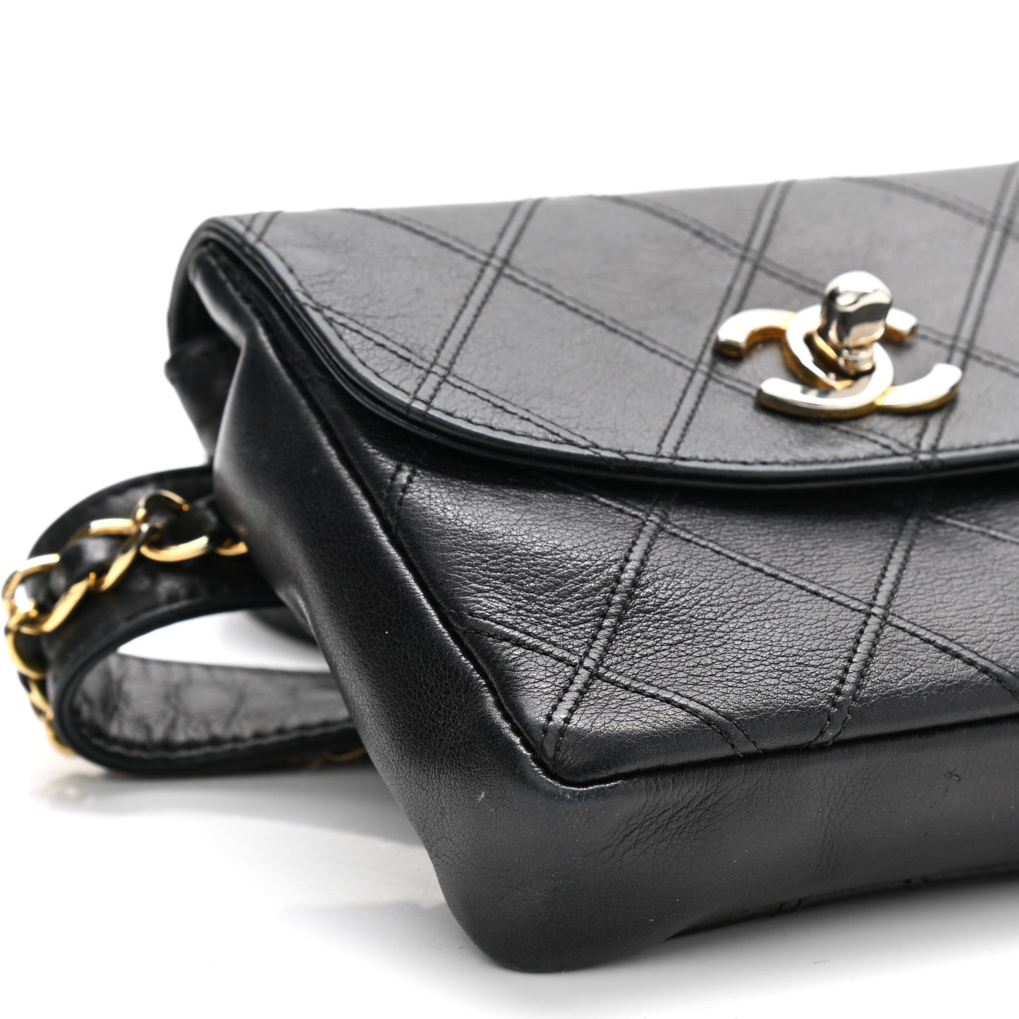 Lambskin Diamond Stitched Flap Waist Belt Bag 75 30 Black