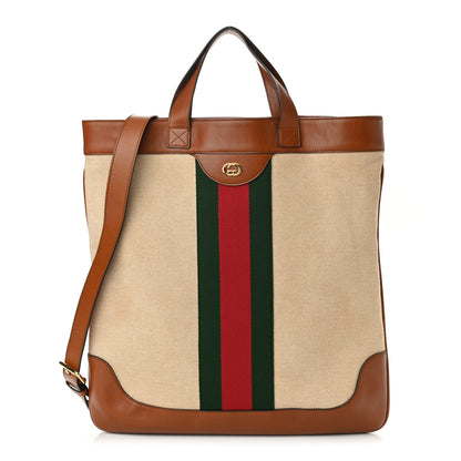 Gucci Vintage Canvas Calfskin Web Flat Tote Sand Light Cuir 1 of 13
