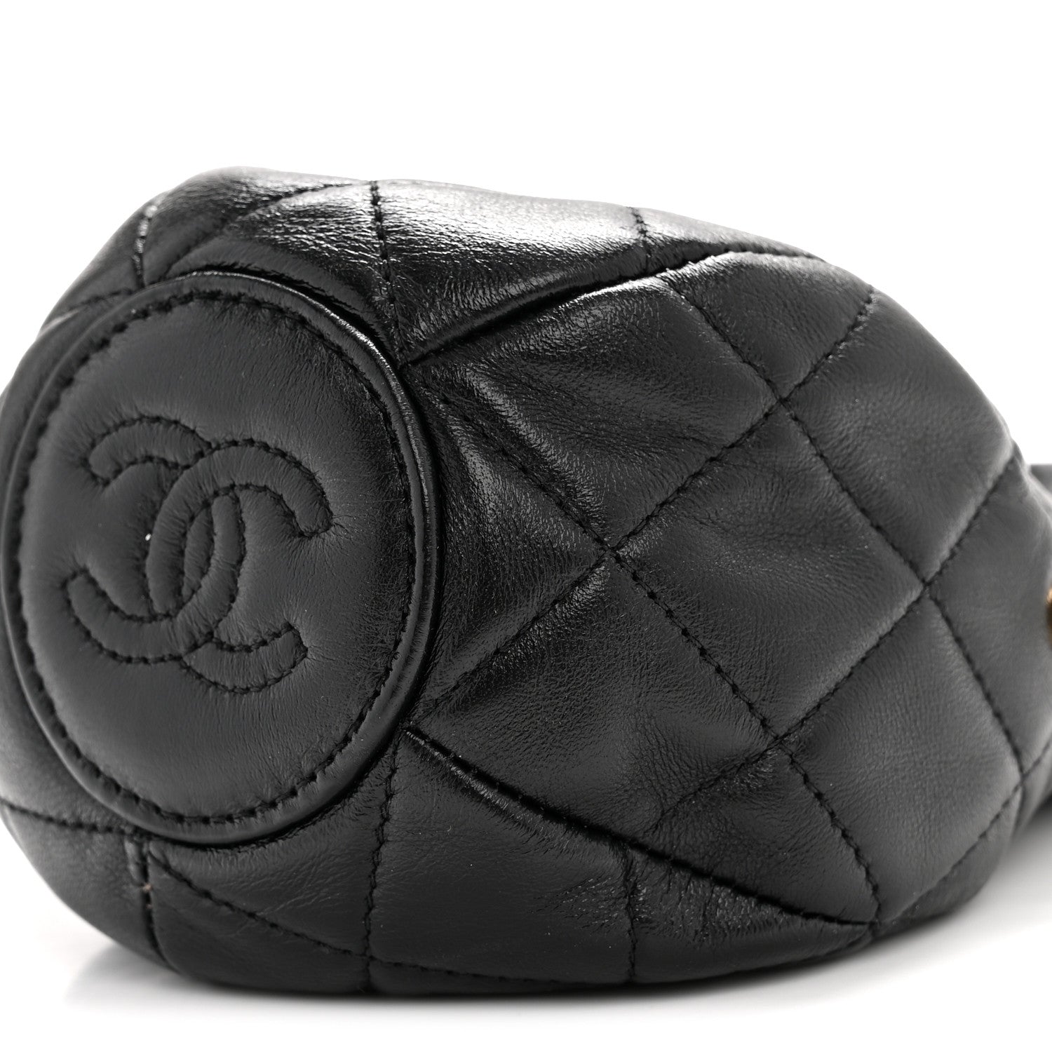 Chanel Shiny Lambskin Quilted Mini Drawstring CC Bucket Bag Black