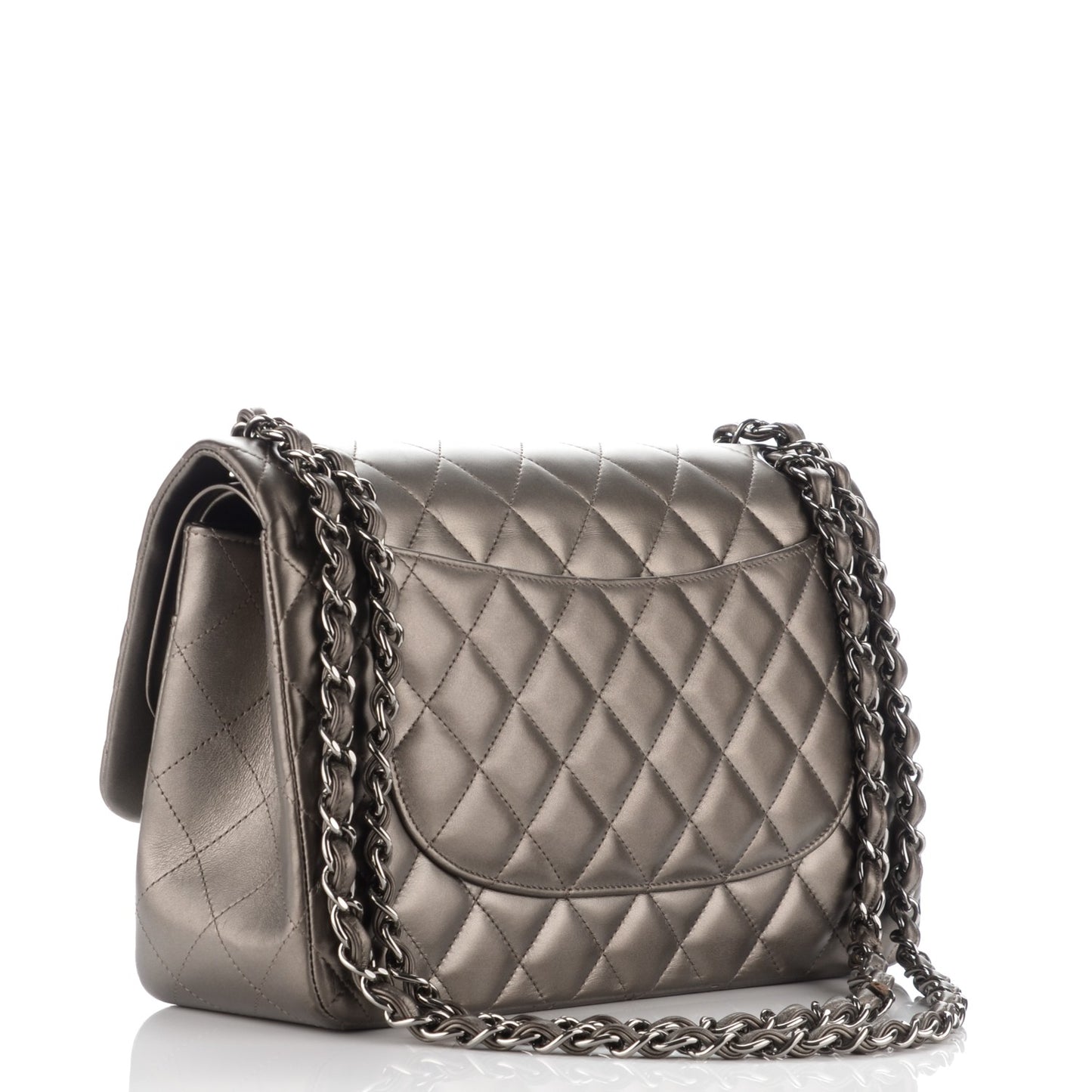 Metallic Lambskin Quilted Jumbo Double Flap Pewter