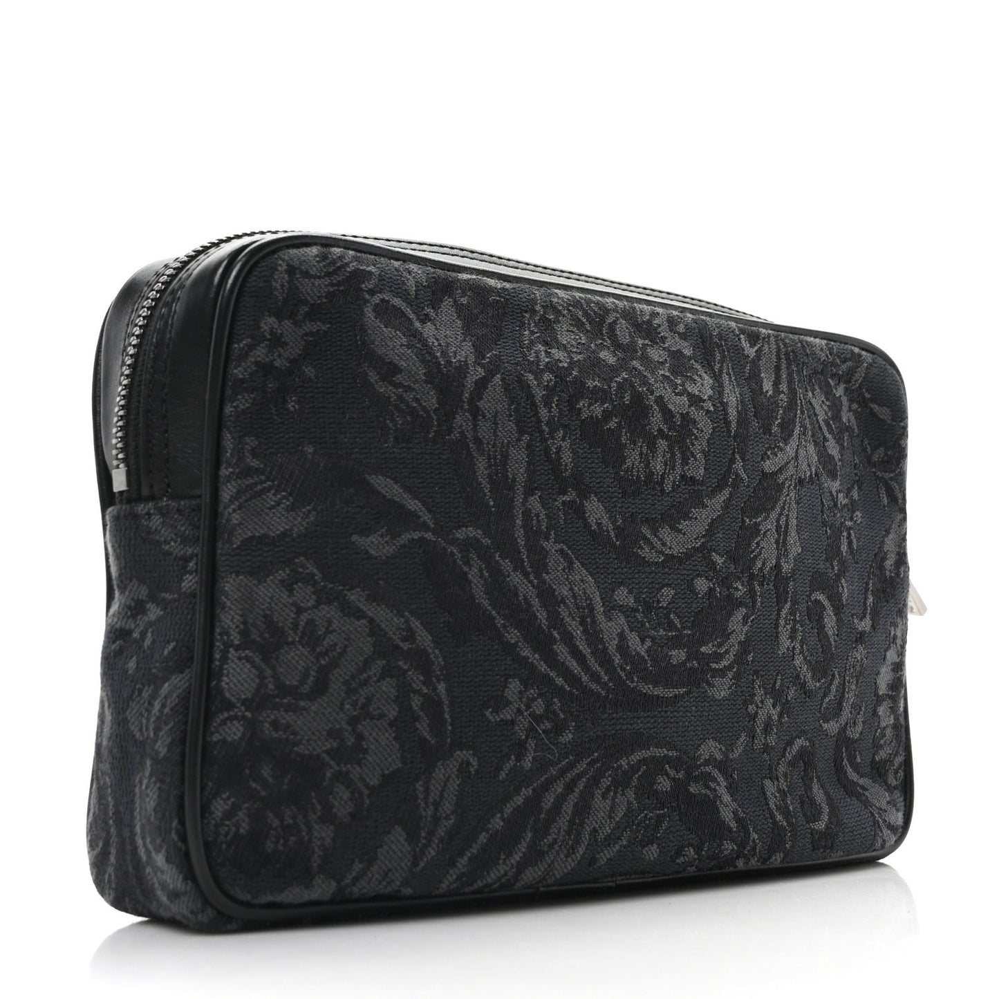 Fabric Jacquard Calfskin Barocco Wristlet Pouch Black