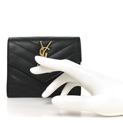 Saint Laurent Grain De Poudre Matelasse Chevron Monogram Compact Tri Fold Wallet Black 2 of 6