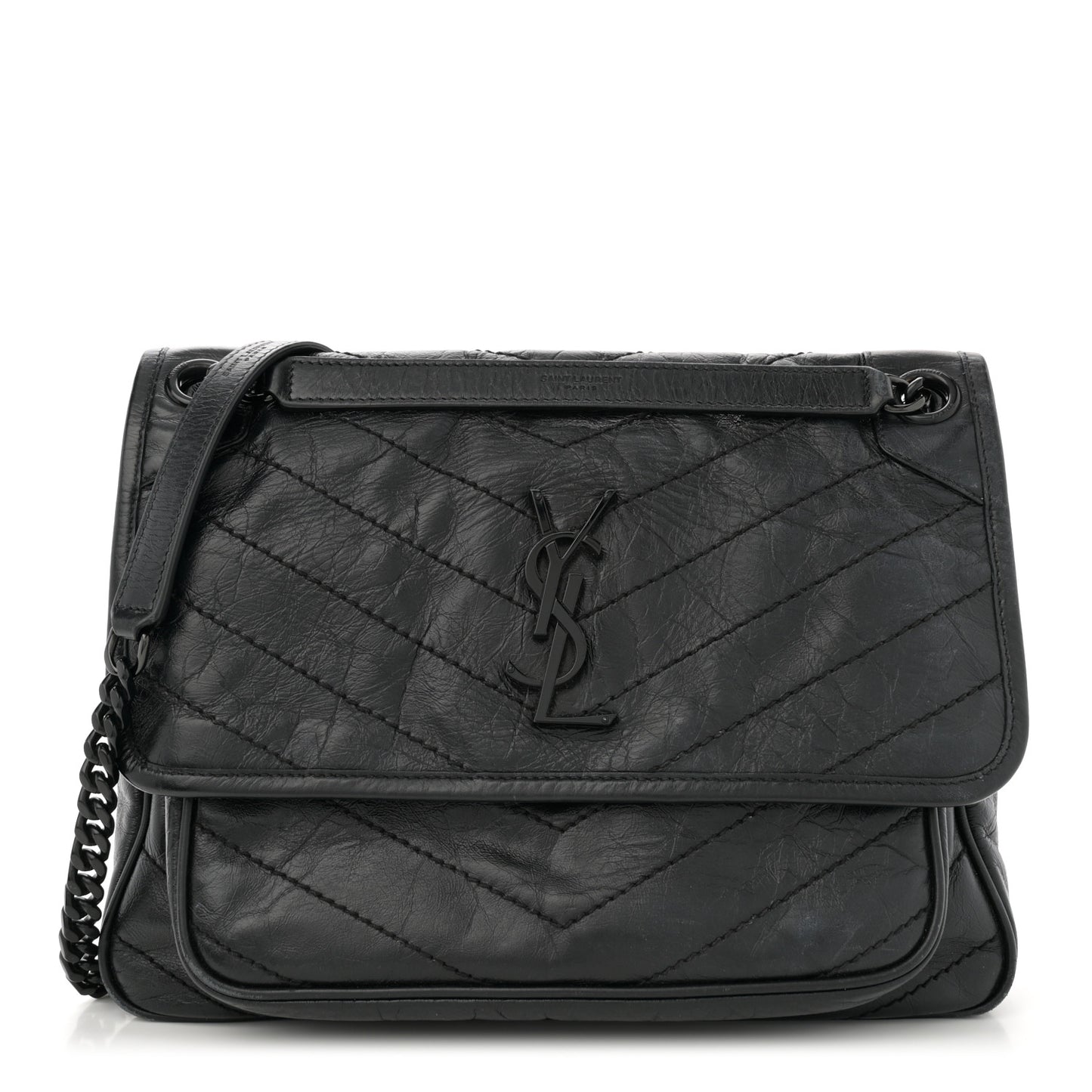 Crinkled Calfskin Matelasse Monogram Medium Niki Chain Satchel Black