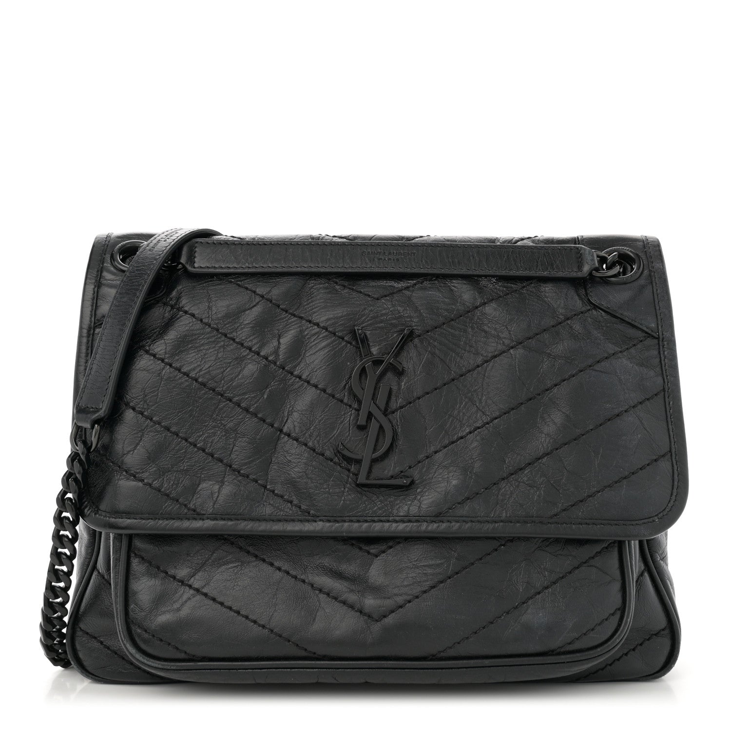 Saint Laurent Crinkled Calfskin Matelasse Monogram Medium Niki Chain Satchel Black 1 of 14