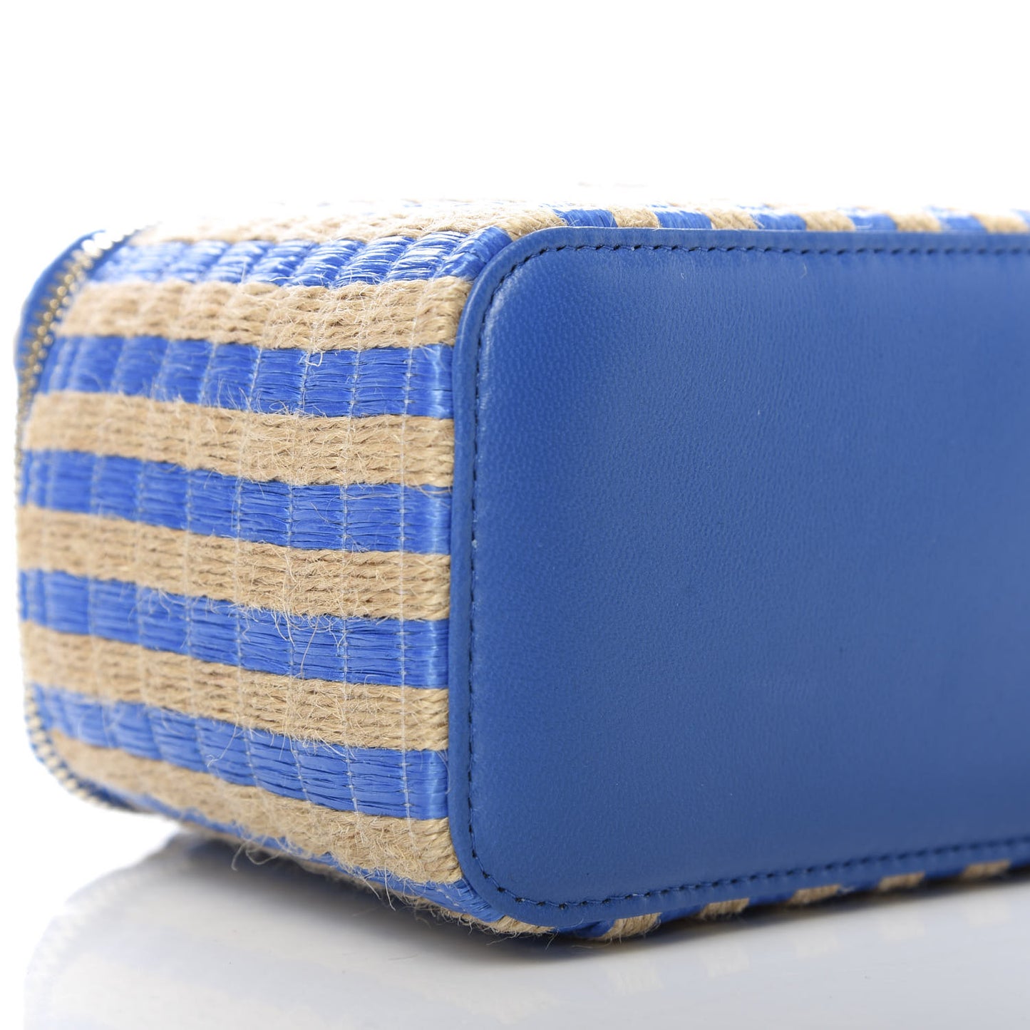 Raffia Jute Striped Small Vanity Case With Chain Blue Beige