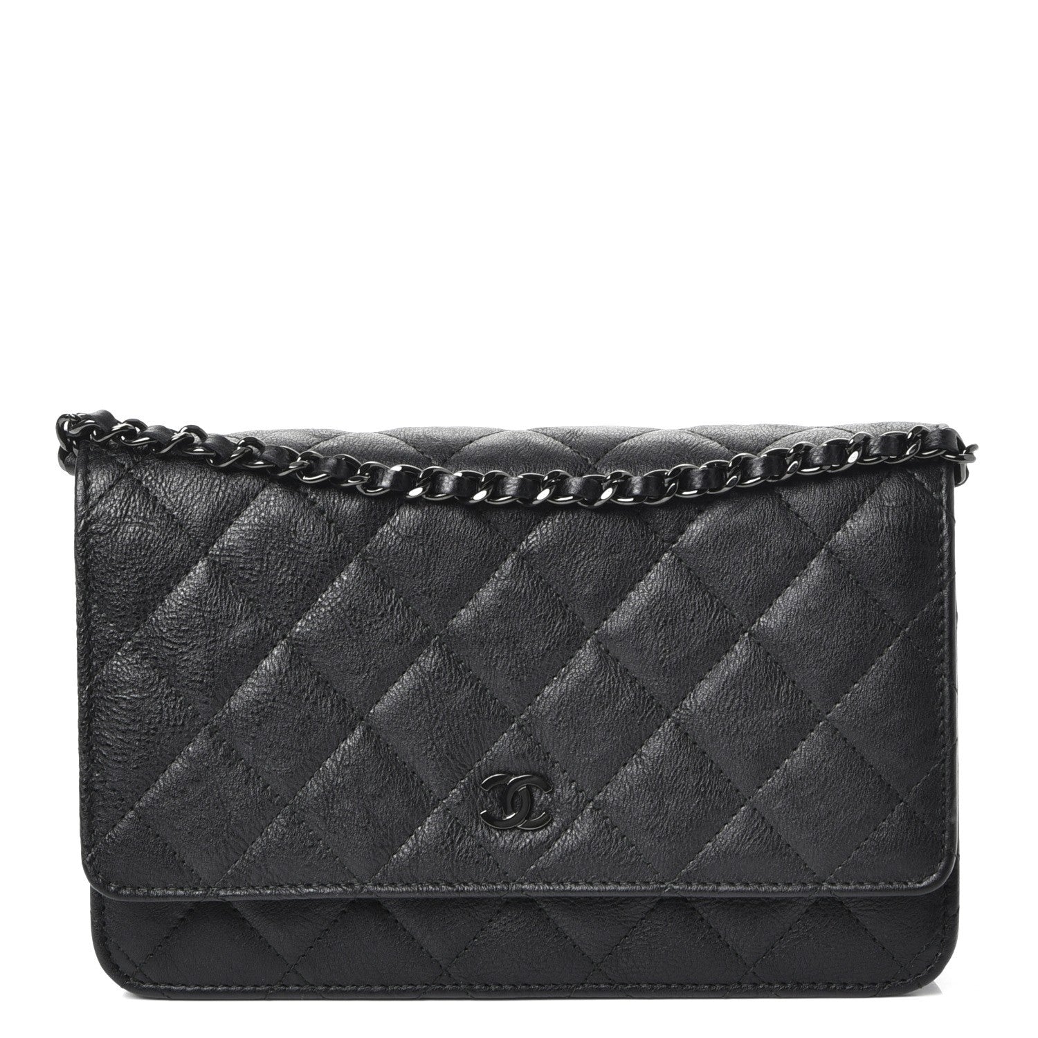 Chanel Crumpled Calfskin Quilted Wallet On Chain WOC So Black 1 of 8