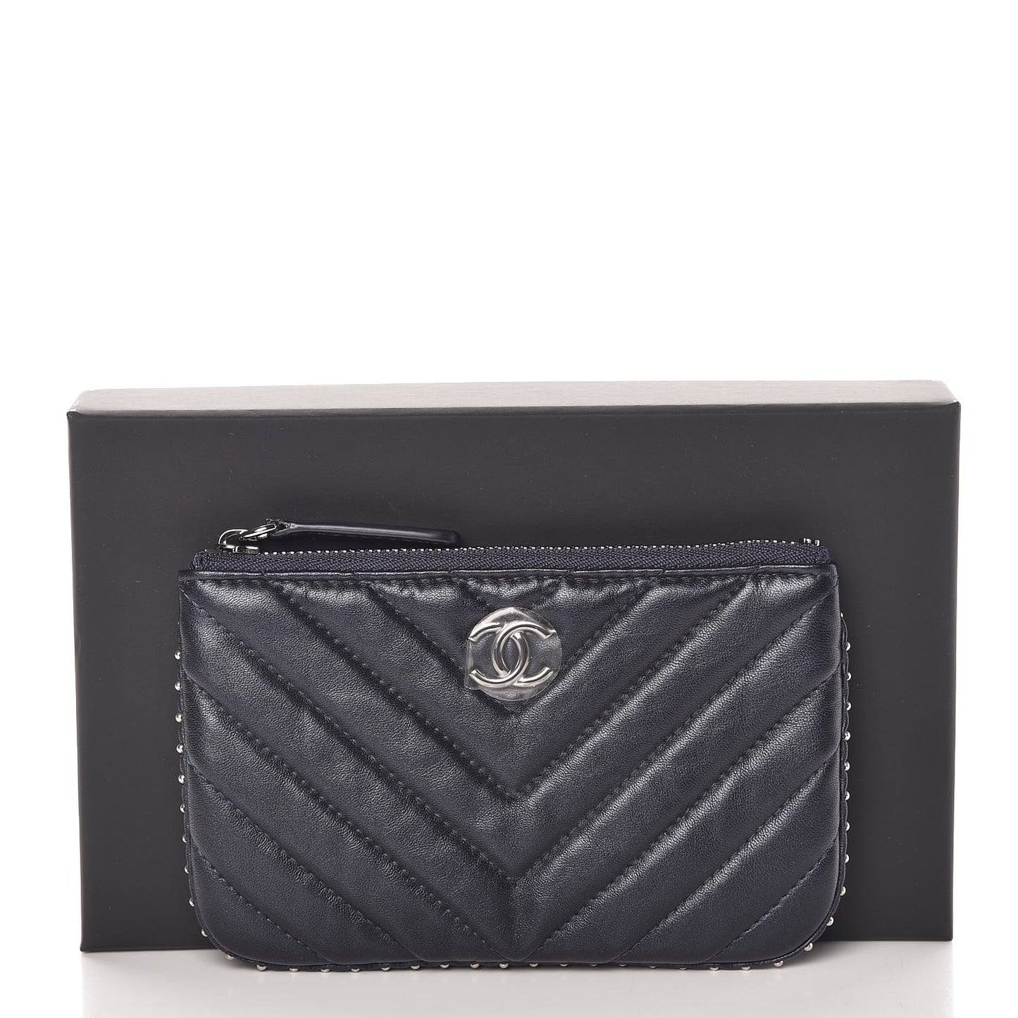 Lambskin Chevron Quilted Studded Small Cosmetic Case Dark Navy