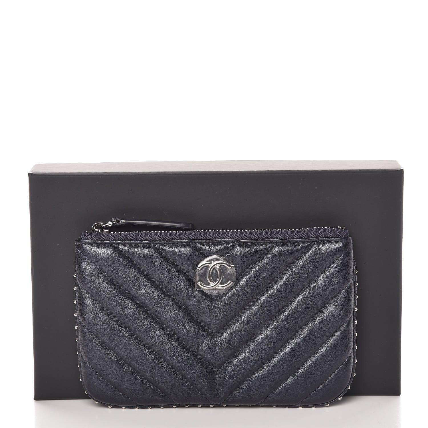 Chanel Lambskin Chevron Quilted Studded Small Cosmetic Case Dark Navy 8 of 8