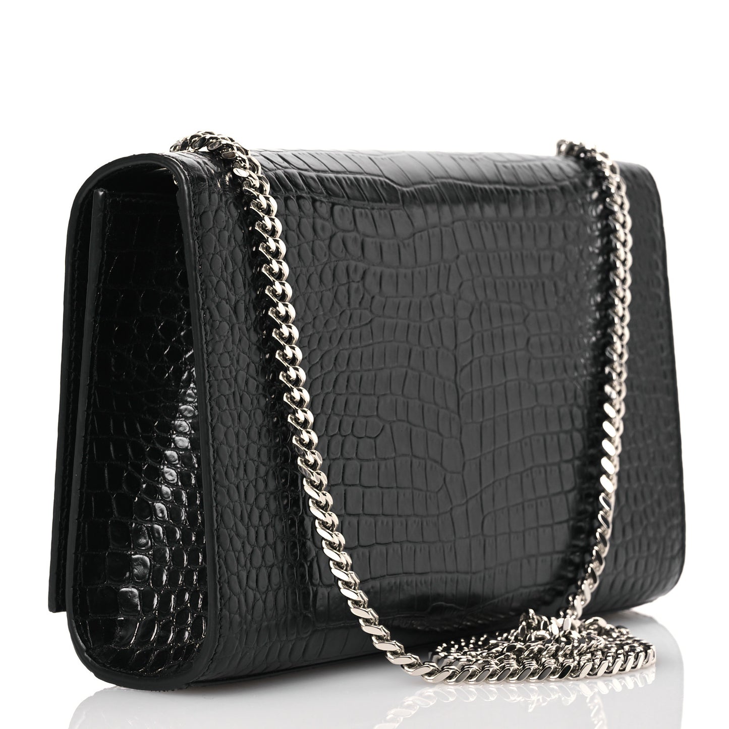 Calfskin Crocodile Embossed Medium Classic Monogram Kate Tassel Satchel Black