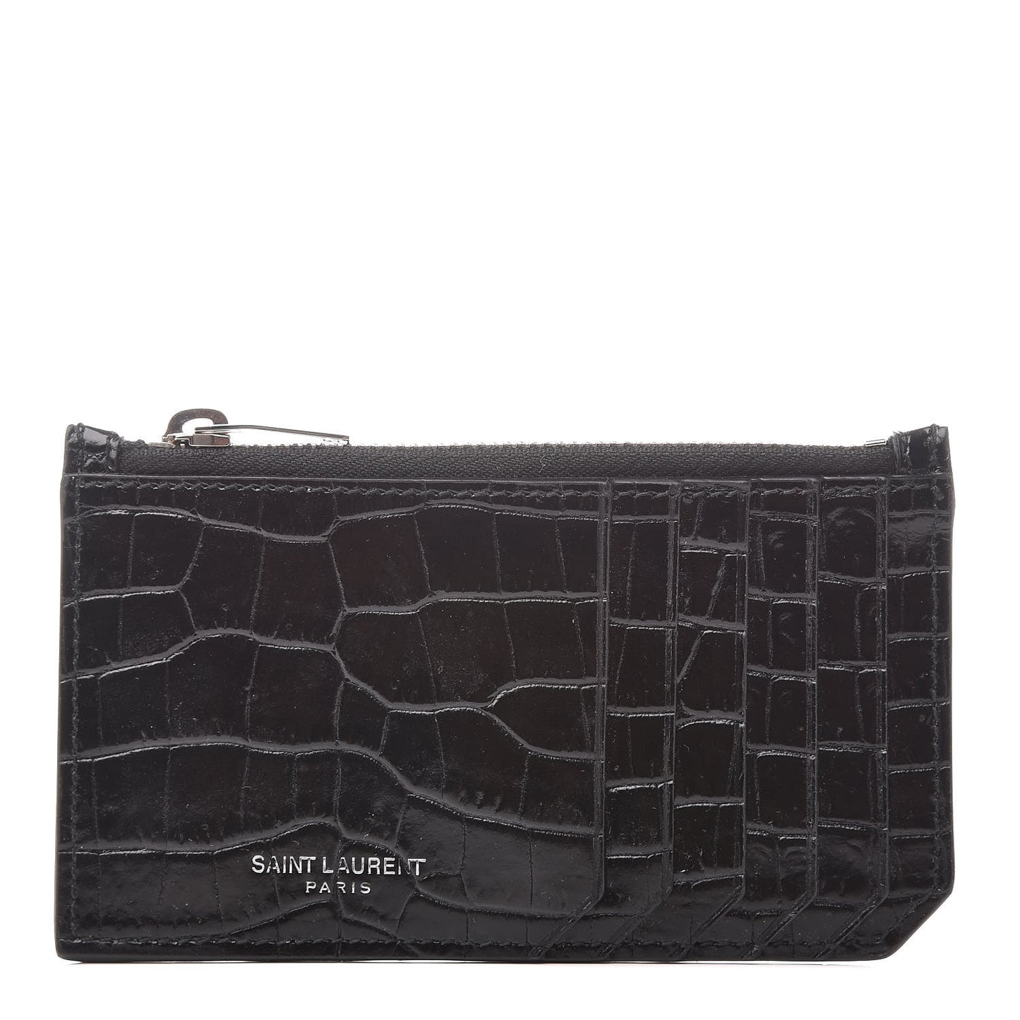 Calfskin Crocodile Embossed 5 Fragments Zip Pouch Card Holder Black
