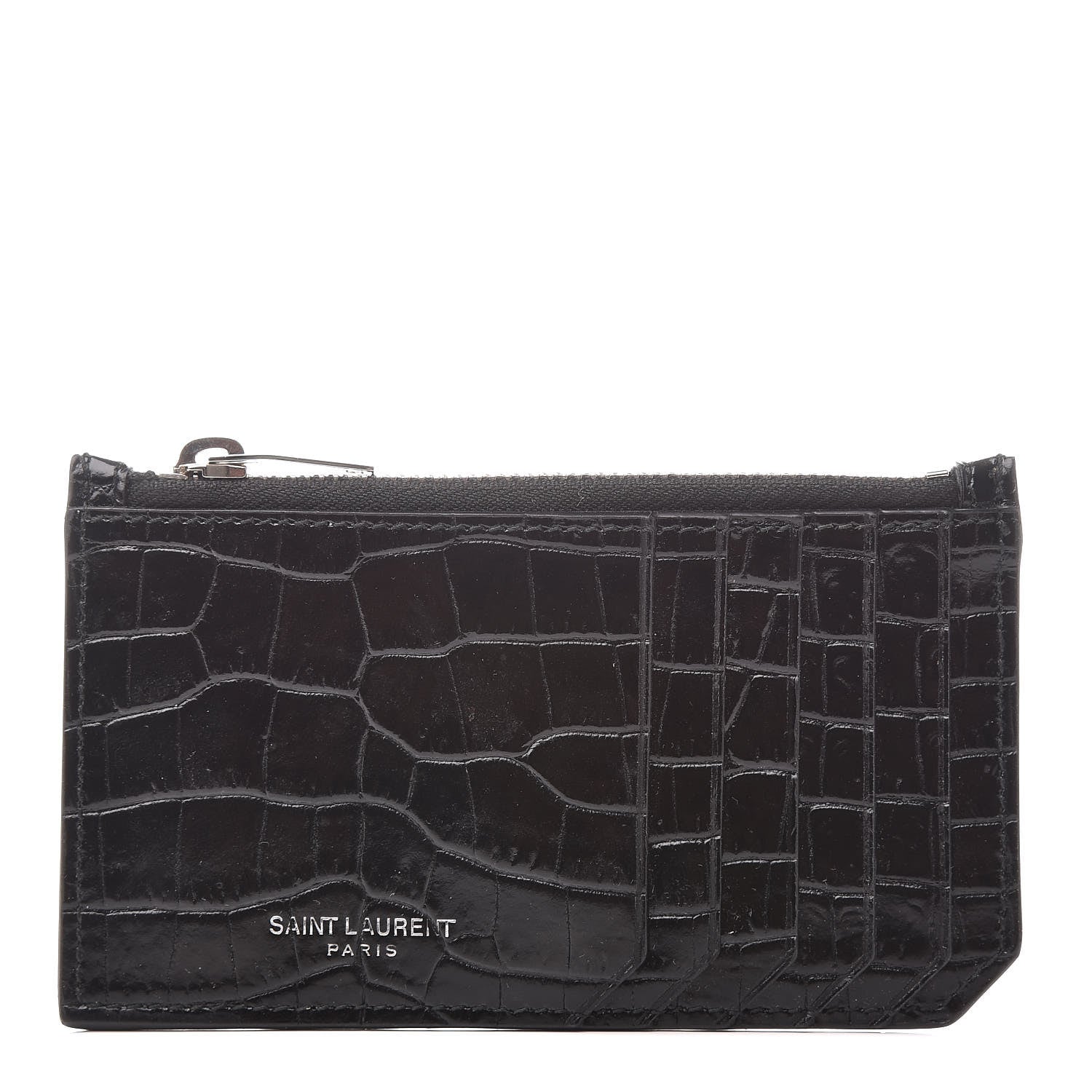 Saint Laurent Calfskin Crocodile Embossed 5 Fragments Zip Pouch Card Holder Black 1 of 7