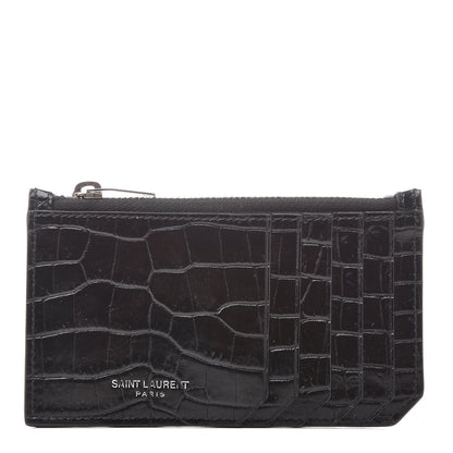 Saint Laurent Calfskin Crocodile Embossed 5 Fragments Zip Pouch Card Holder Black 1 of 7