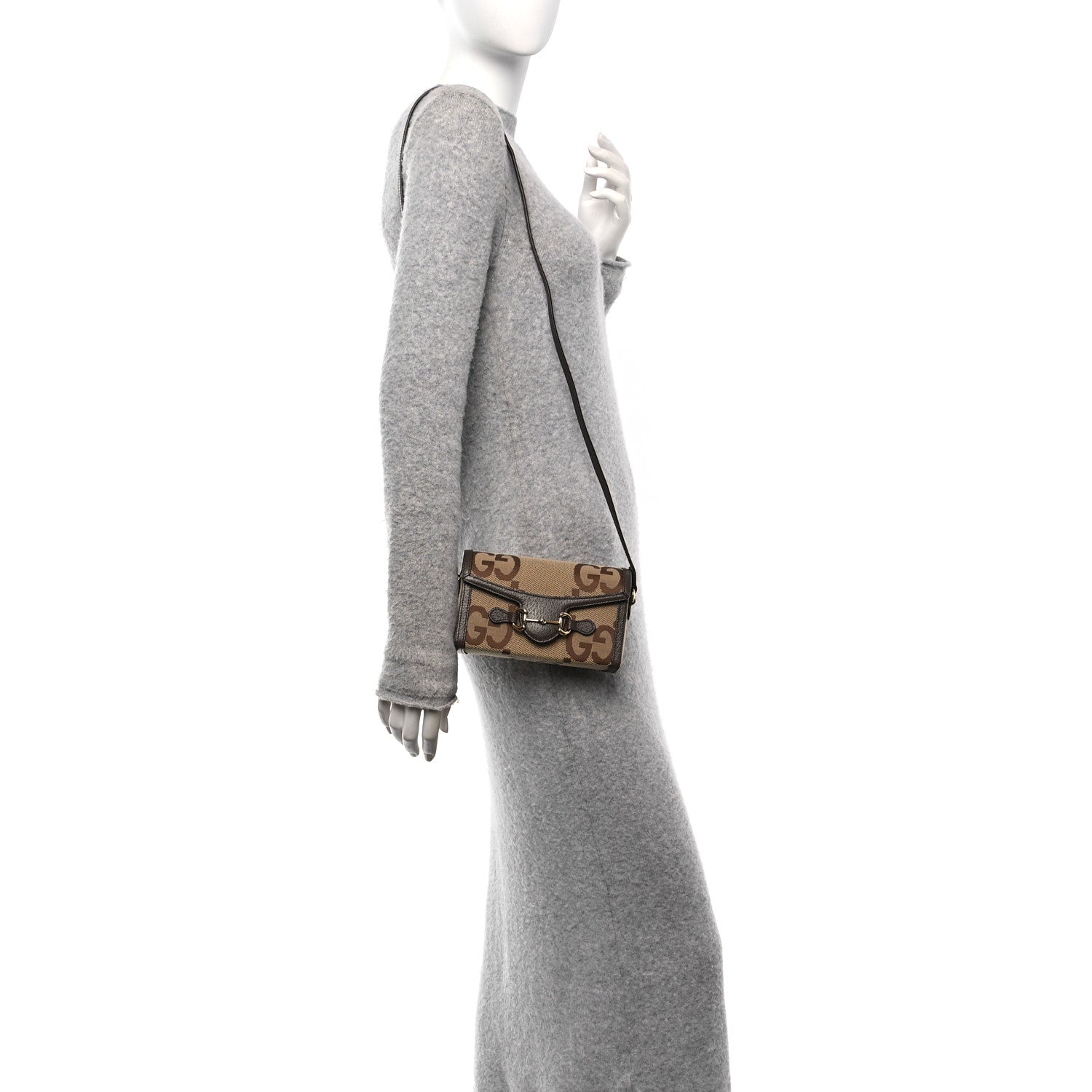 Gucci Monogram Jumbo GG Textured Dollar Calfskin Mini Horsebit 1955 Shoulder Bag Camel Ebony New Acero 2 of 11