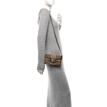 Gucci Monogram Jumbo GG Textured Dollar Calfskin Mini Horsebit 1955 Shoulder Bag Camel Ebony New Acero 2 of 11