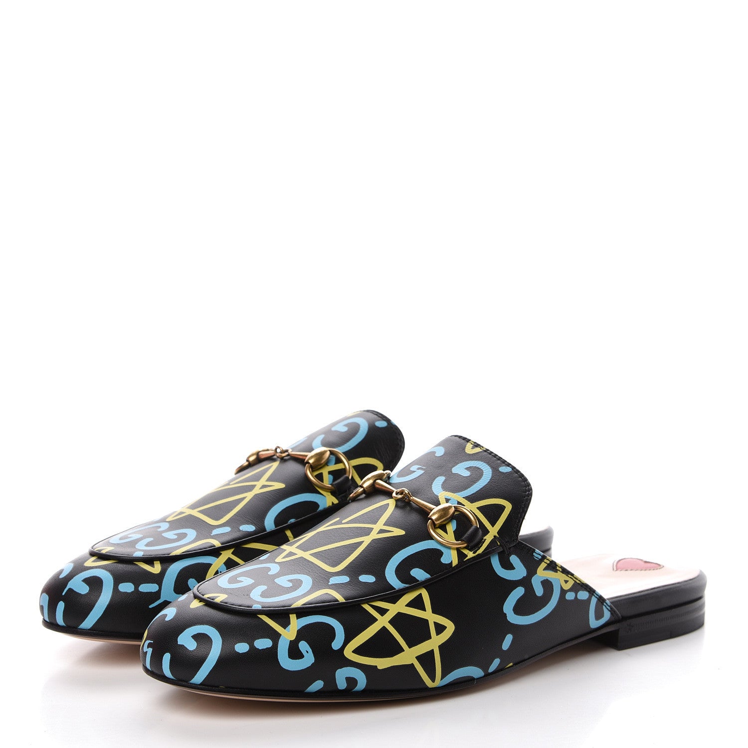 Gucci Calfskin GucciGhost Print Womens Princetown Slippers 38 Black New Acquamarine 3 of 9