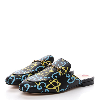 Gucci Calfskin GucciGhost Print Womens Princetown Slippers 38 Black New Acquamarine 3 of 9