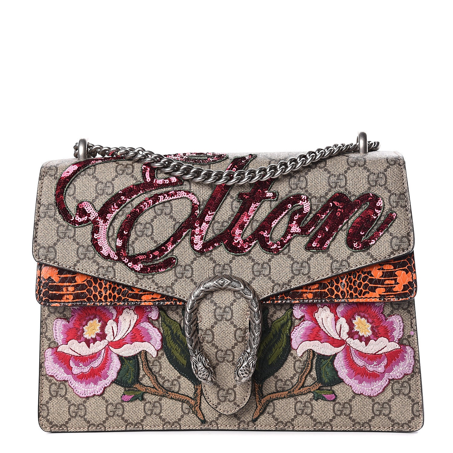 Gucci GG Supreme Monogram Snakeskin Elton Embroidered Medium Dionysus Shoulder Bag Beige Orange 1 of 13