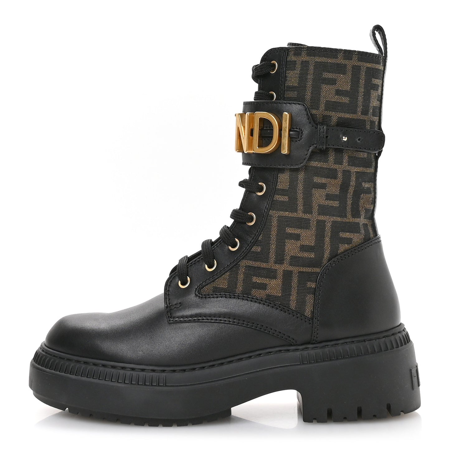 Vitello Fabric Jacquard FF Fendigraphy 50mm Biker Boots 39.5 Black Tobacco