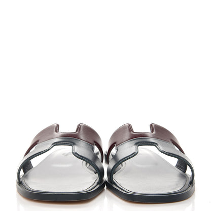 Hermes Box Calfskin Oran Sandals 37.5 Bleu Ardoise Bordeaux 2 of 8
