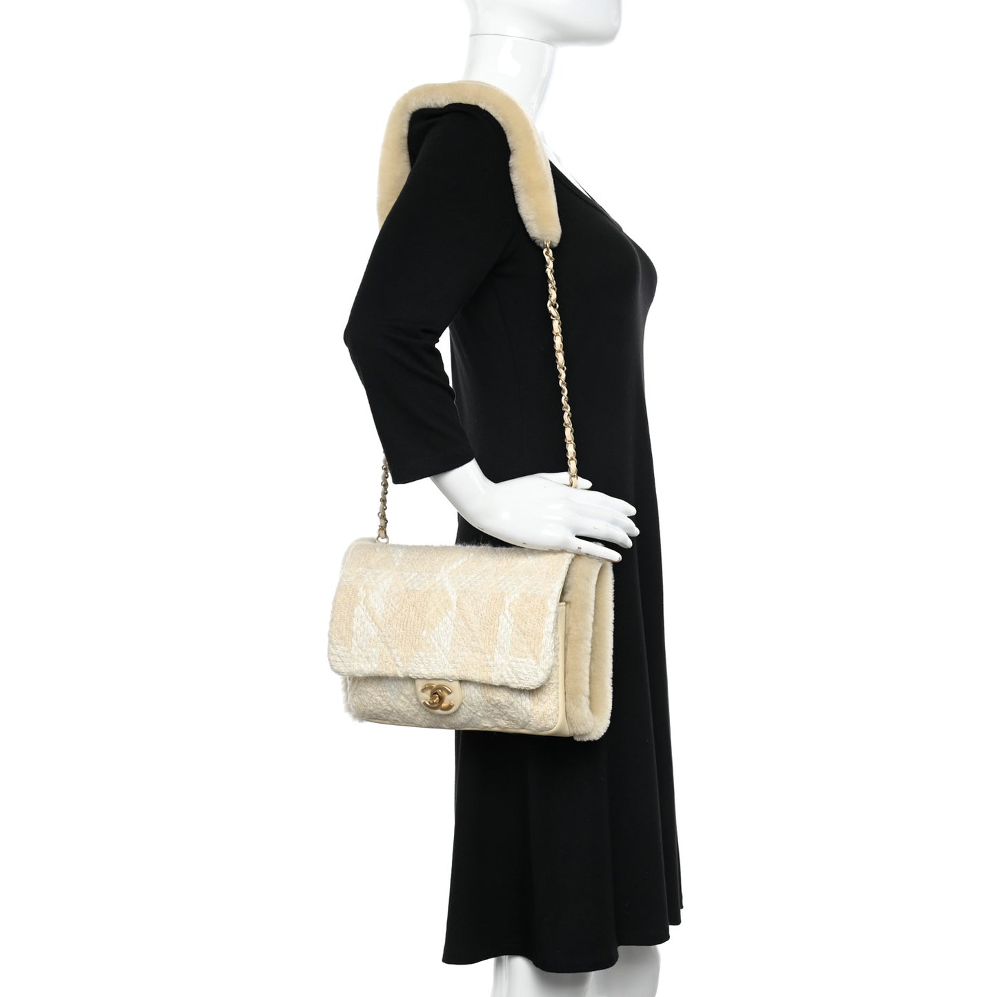 Tweed Shearling Lambskin Quilted Single Flap Muff White