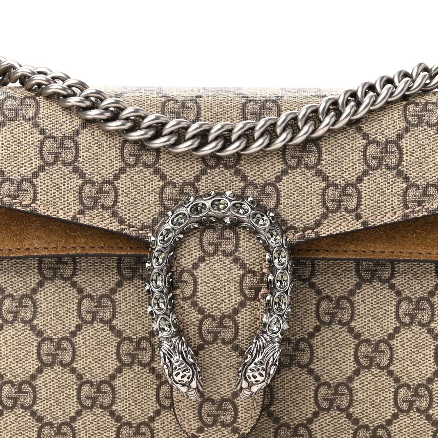 GG Supreme Monogram Suede Crystal Small Dionysus Shoulder Bag Beige Ebony Taupe